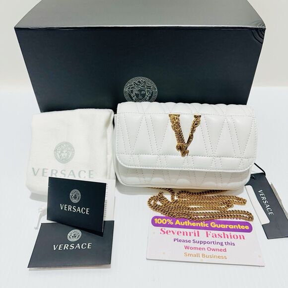 NWT Versace Virtus Mini White Quilted Leather Crossbody Bag with Gold Chain - Picture 6 of 15